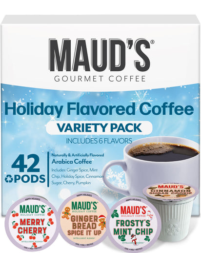 Maud's Holiday Flavored Coffee Pods Variety Pack, 42 ct | 6 Assorted Blends | 100% Arabica Flavored Coffee