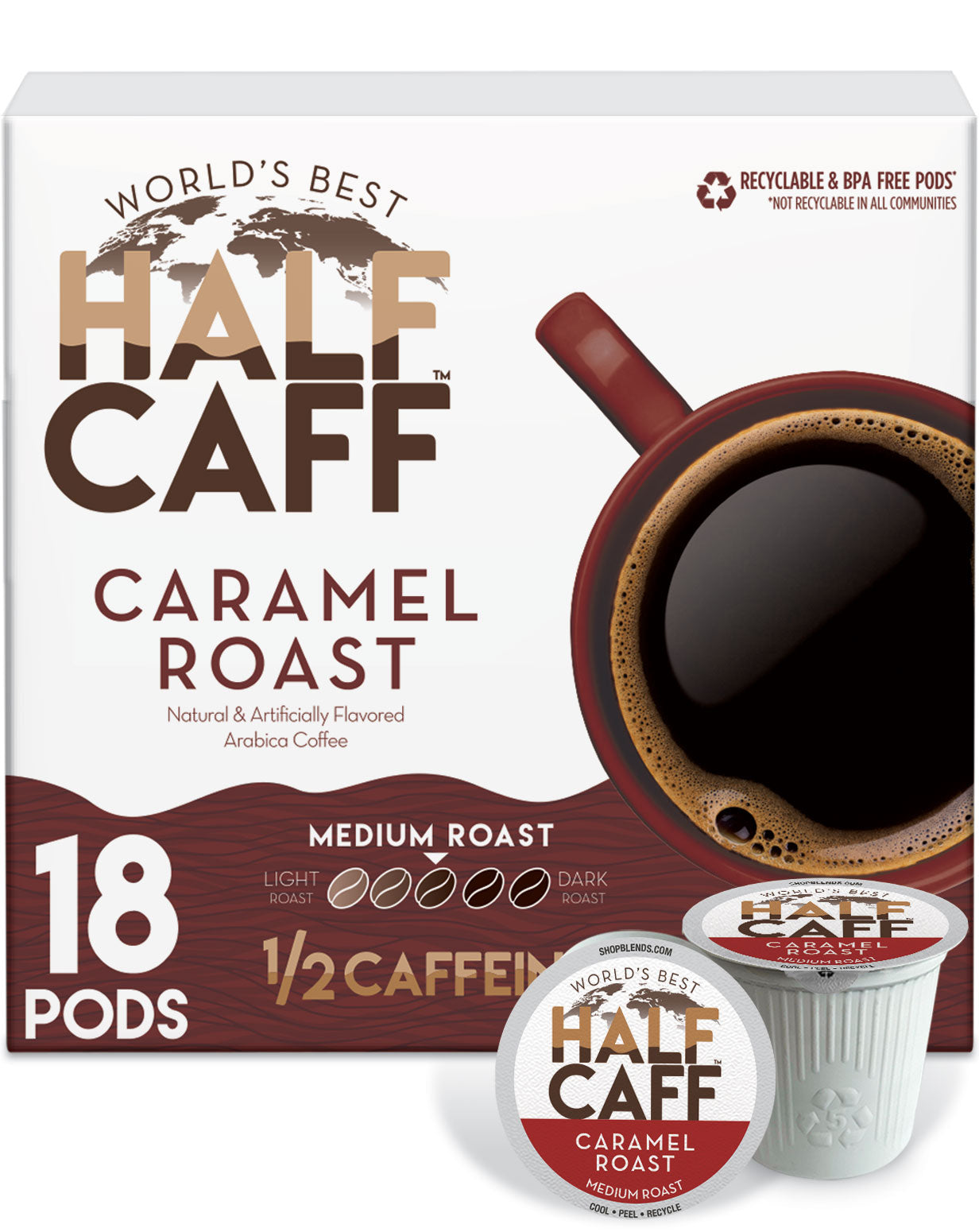 World's Best Half Caff™ Caramel Roast Flavored Coffee Pods